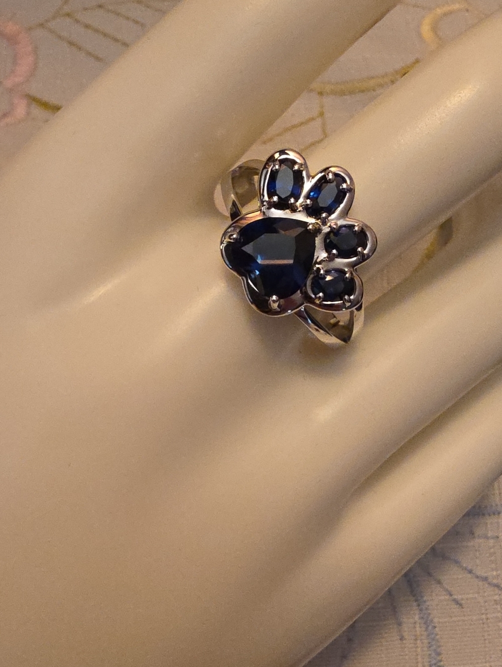JTV Lab Created Blue Sapphire Rhodium Over Silver Paw Print Ring SZ 10